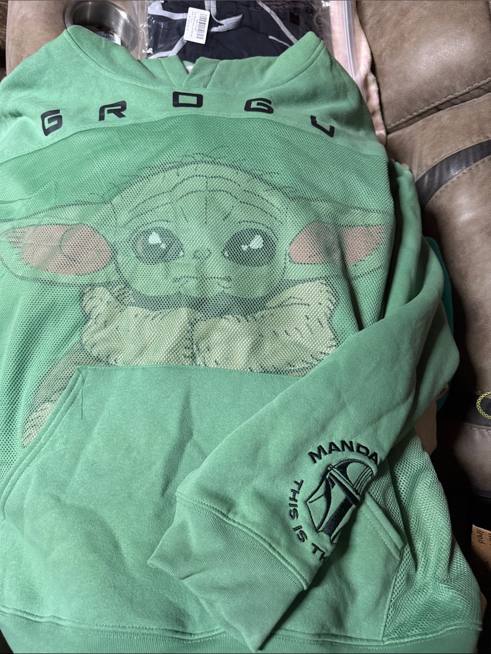 Star Wars Green Grogu Pullover Hoodie with Mandalorian Sleeve Logo